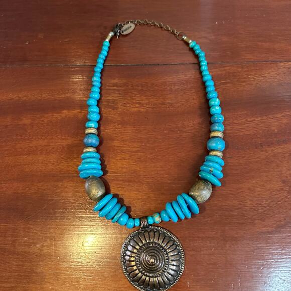 Tanjore Necklace Faux Turquoise Brass Statement Boho Bohemian Chunky Jewelry - Picture 1 of 11